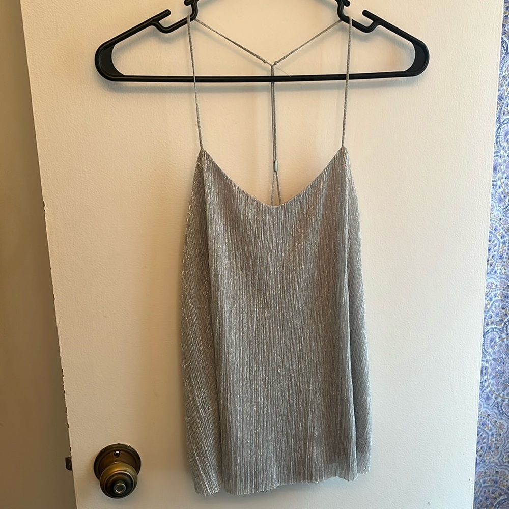 NWOT Express silver sparkly crepe material strappy top size XS